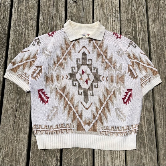 Vintage Sweaters - Vintage Southwestern Knit Cream Short Sleeve Collared Sweater Size Medium